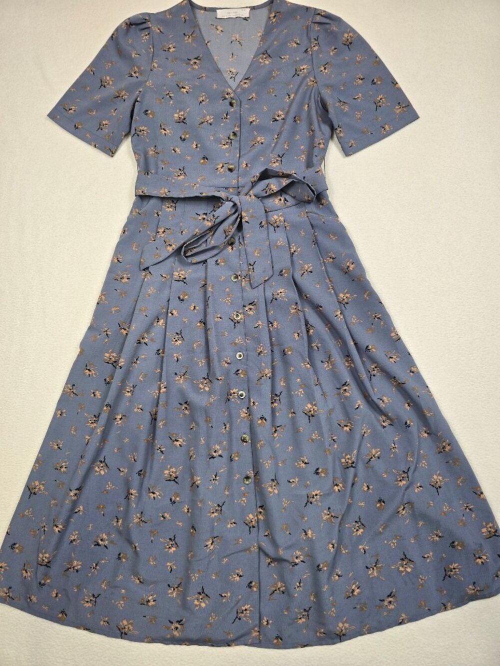 Oak + Fort XS Floral Button-Down Midi Dress Light Blue Short Sleeves Cottagecore